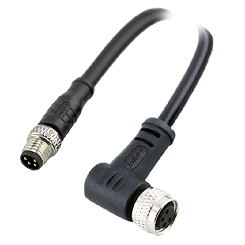 M8 4pins A code male straight to female right angle molded cable,unshielded,PVC,-40°C~+105°C,24AWG 0.25mm²,brass with nickel plated screw